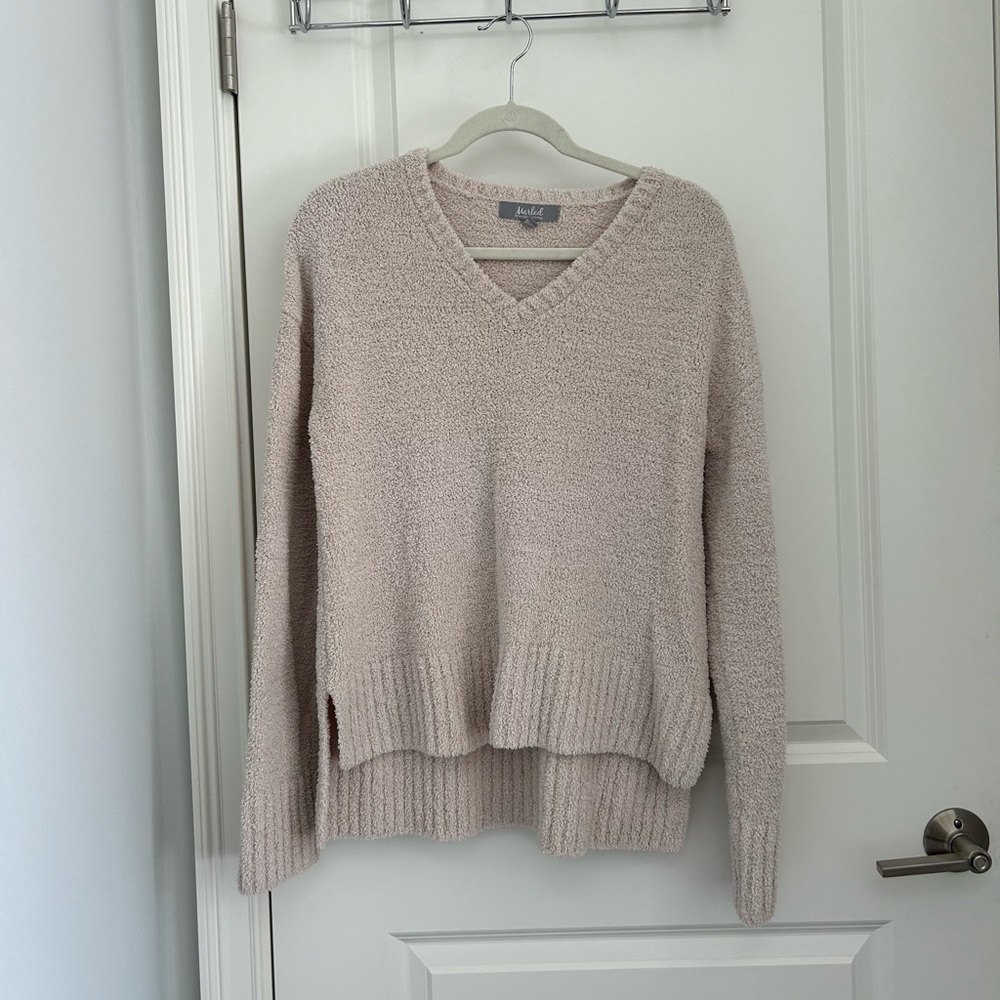 Grey/ pink Long Sleeve V Neck Sweater